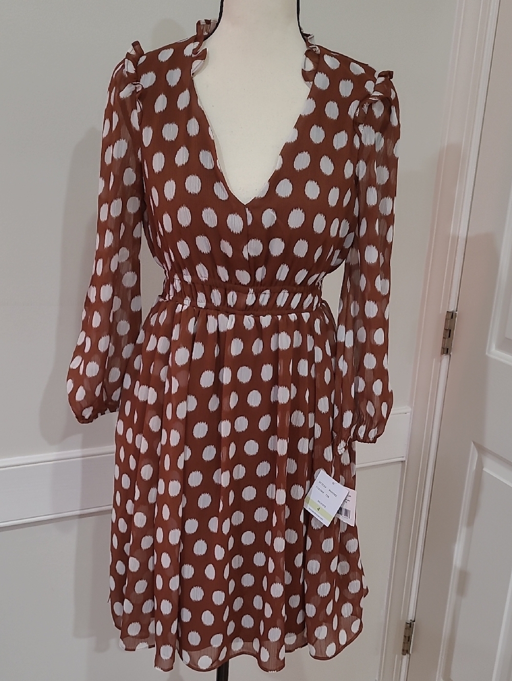 Danny & Nicole Cinnamon and Ivory Polka Dot Long Sleeve V-Neck Dress - Size 4
